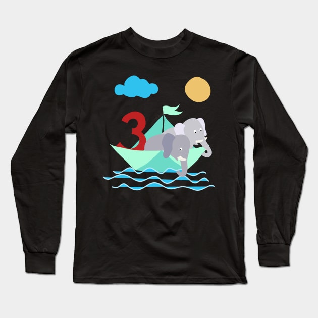 Elephants In Paper Boat Sea 3 Years Birthday Long Sleeve T-Shirt by SinBle